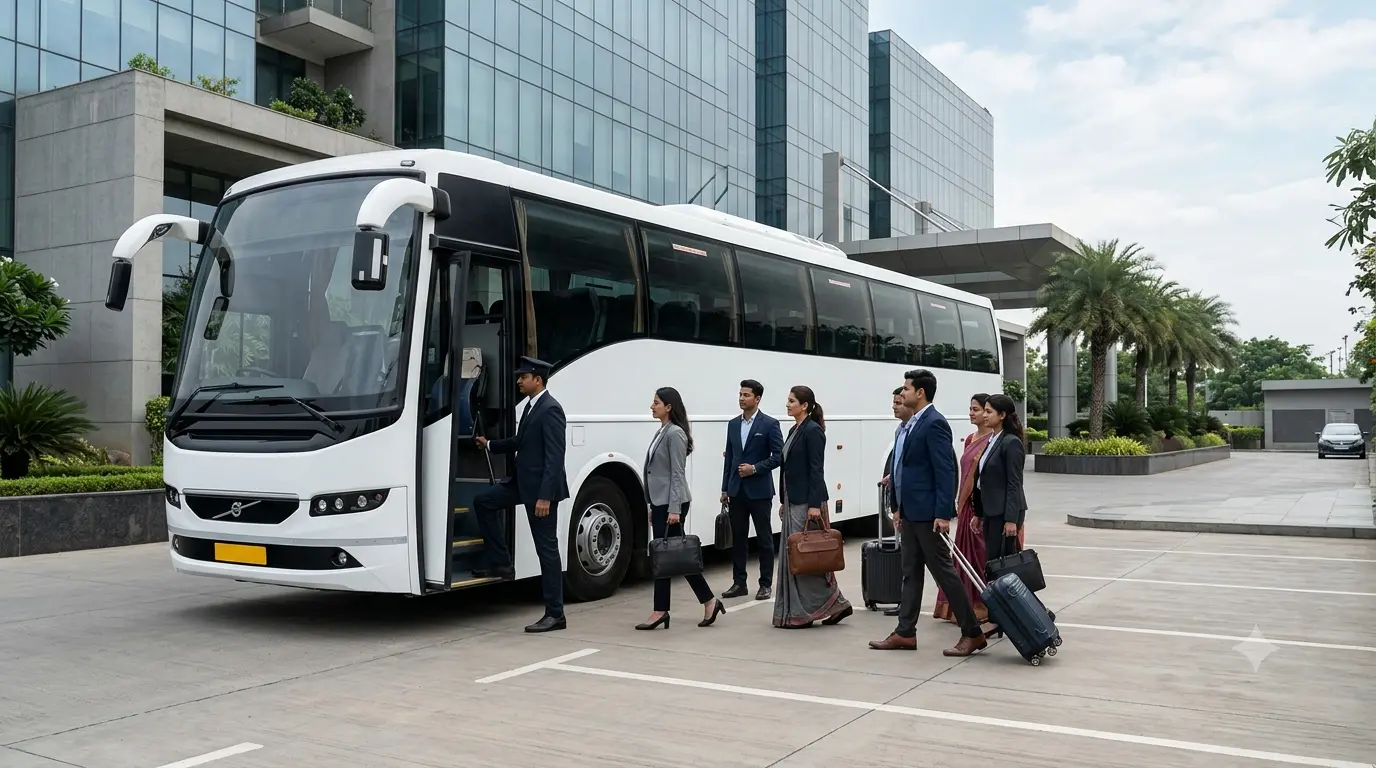 Volvo corporate bus rental from HBR Layout, Bangalore